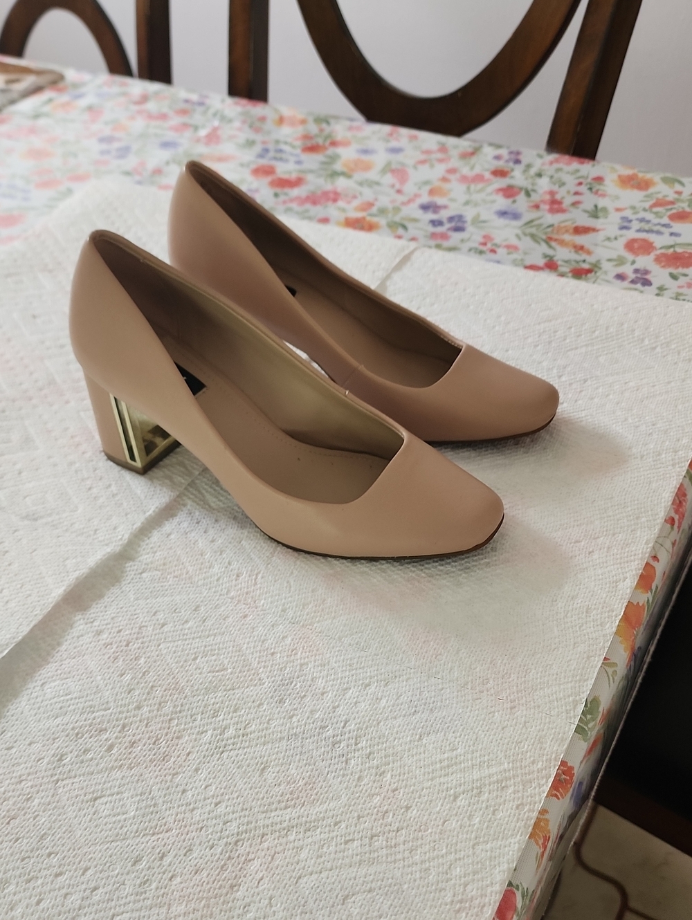 DKNY Blush Beige Block Heel Pumps with Gold Accent
